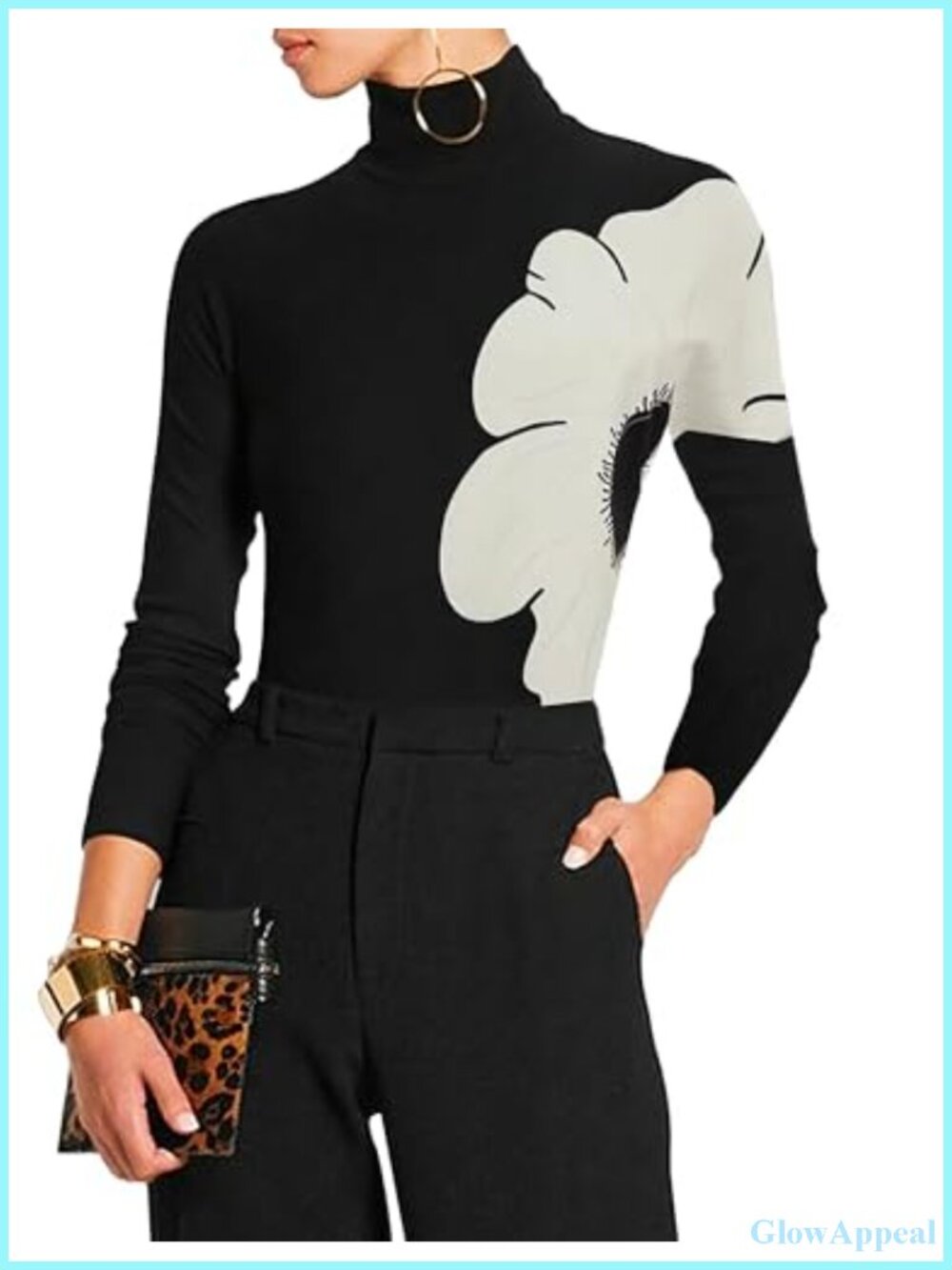 Turtleneck Long Sleeve Top Asymmetrical Split Hem Slim Fit High Neck Women's
